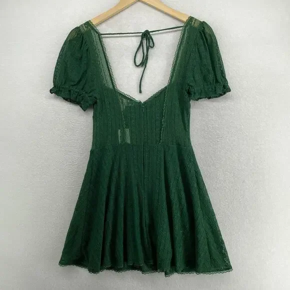 URBAN OUTFITTERS Dress S Roxie Lace Trim Mini Puff Sleeve Nylon Green NEW - Picture 11 of 16
